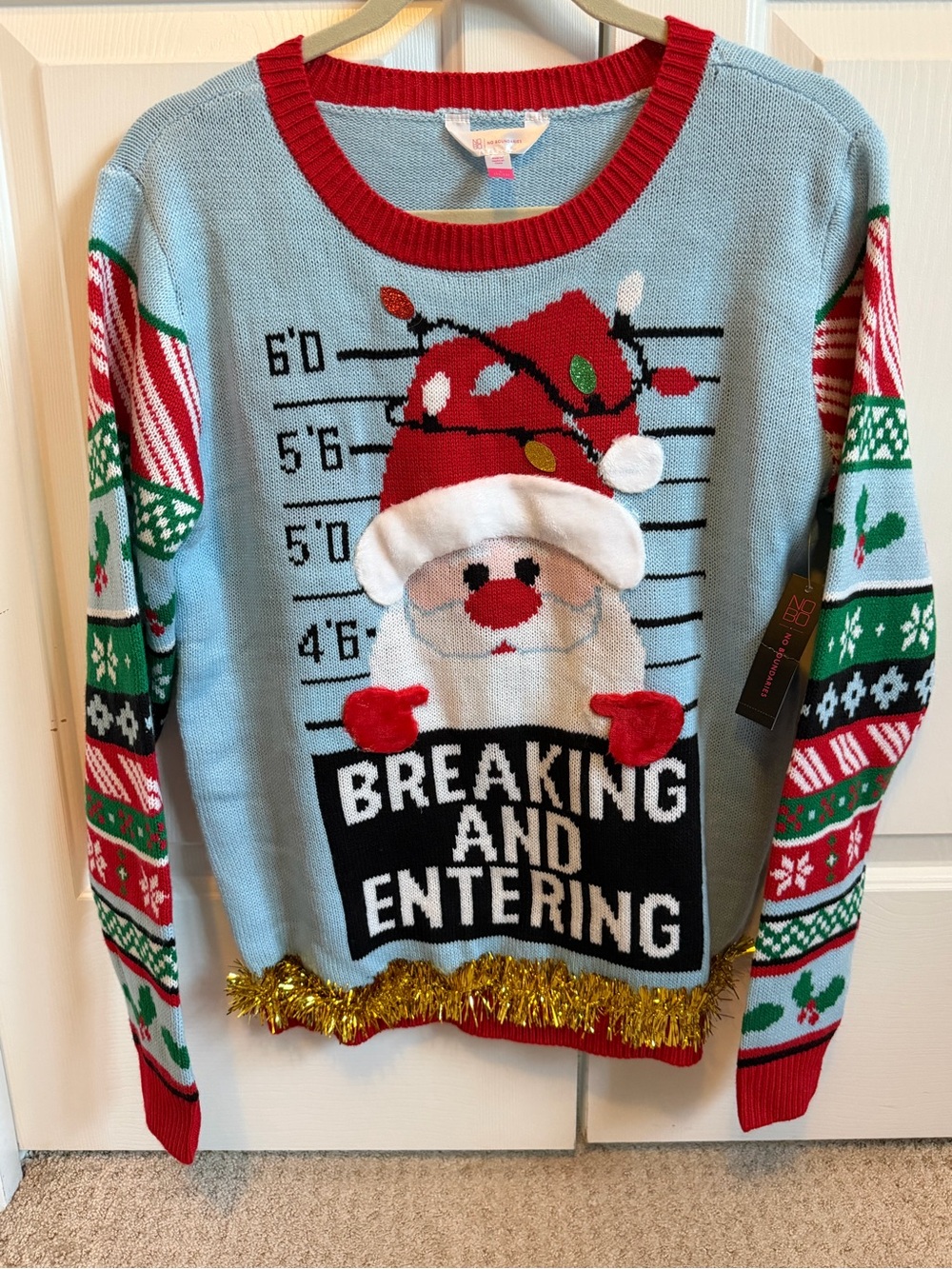 NWT Christmas Holiday Light Blue & Red 'Breaking and Entering' Santa Sweater